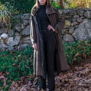 Mink lined Leather Coat with Rabbit Fur Collar